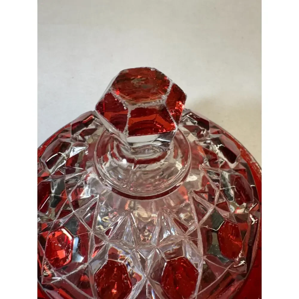 Ruby Stained Pressed Glass Covered Dish Vintage Two Handle Geometric Pattern